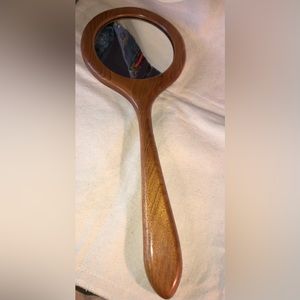 Wooden Round Long Handled Hand Mirror-Handcrafted/vintage 1980s -16.5” long